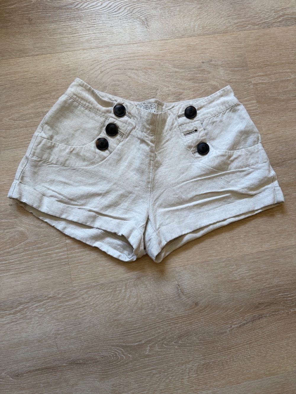 Forever 21 Cream High-Waist Linen-Blend Shorts with Button Detail